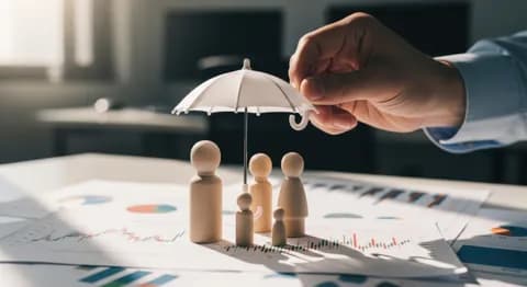 Hands shielding wooden figures representing family insurance